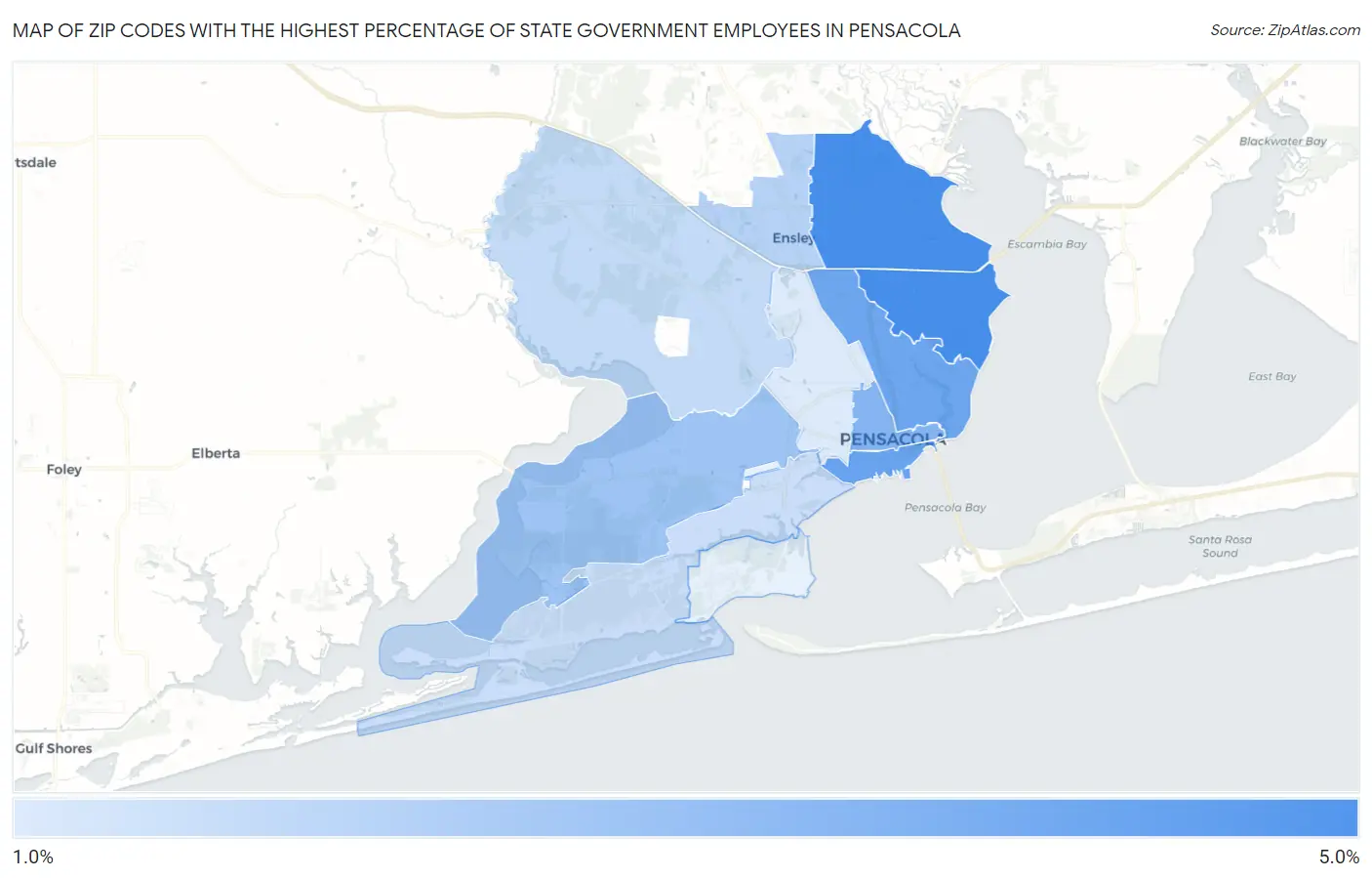Zip Codes with the Highest Percentage of State Government Employees in Pensacola Map