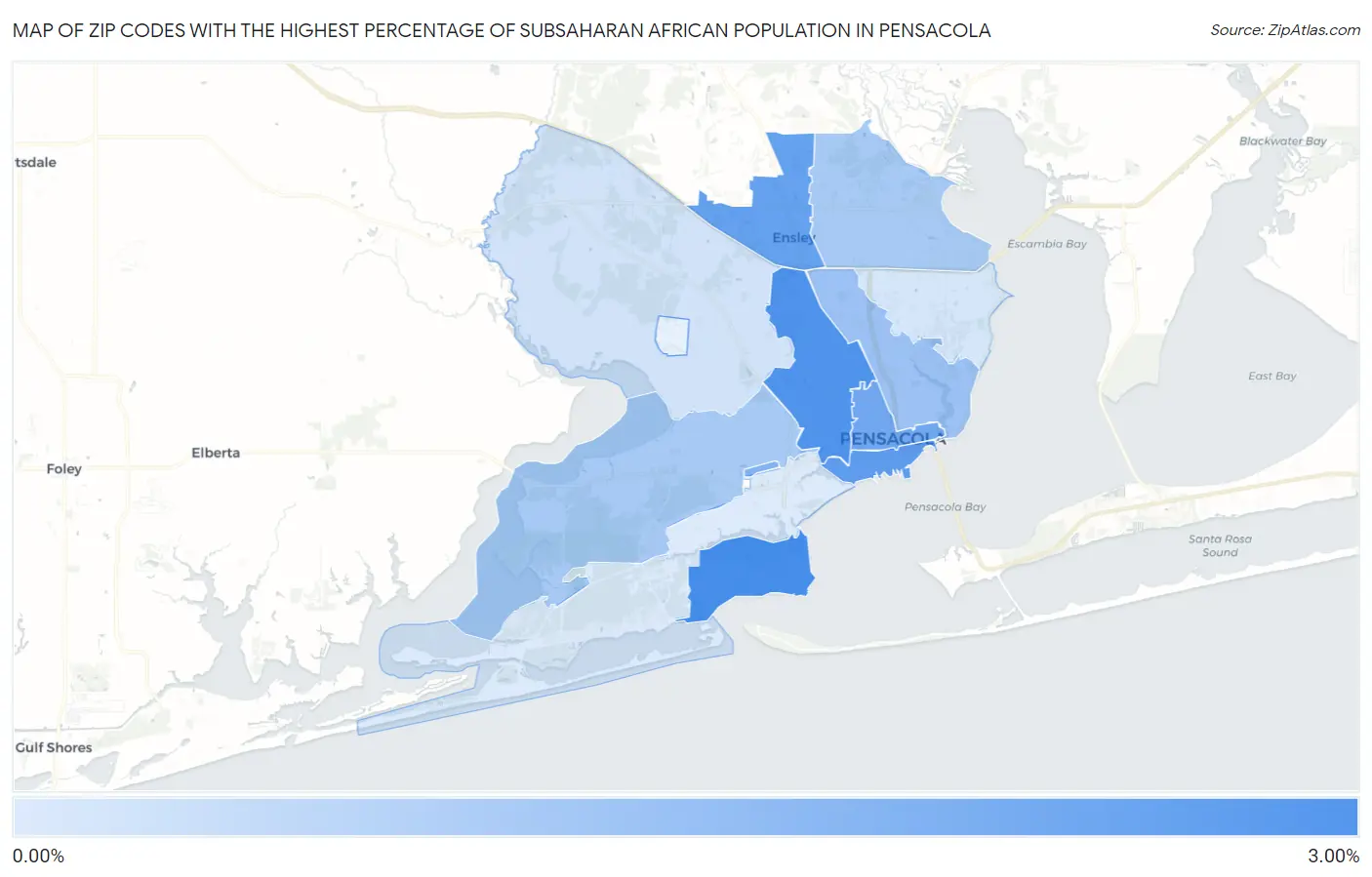 Zip Codes with the Highest Percentage of Subsaharan African Population in Pensacola Map