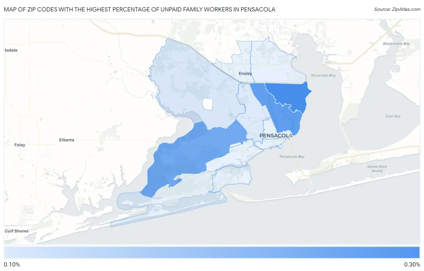 Zip Codes with the Highest Percentage of Unpaid Family Workers in Pensacola Map