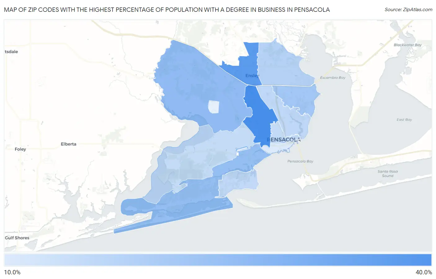 Zip Codes with the Highest Percentage of Population with a Degree in Business in Pensacola Map