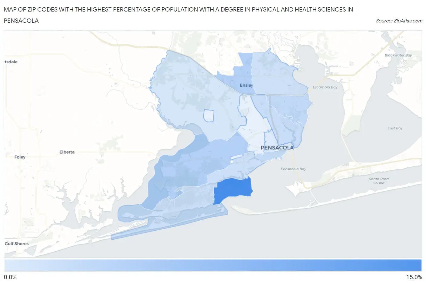 Zip Codes with the Highest Percentage of Population with a Degree in Physical and Health Sciences in Pensacola Map