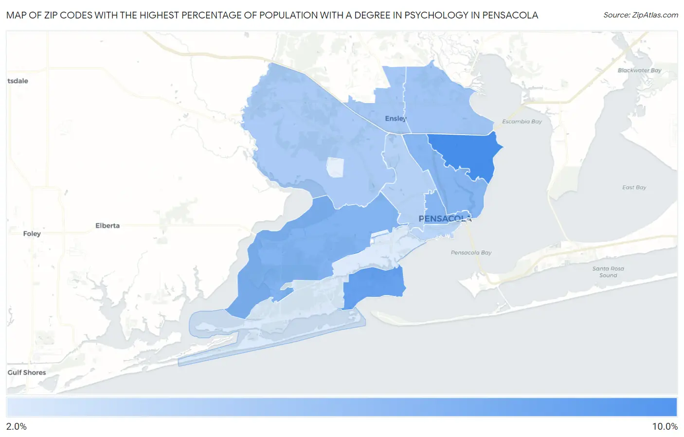 Zip Codes with the Highest Percentage of Population with a Degree in Psychology in Pensacola Map
