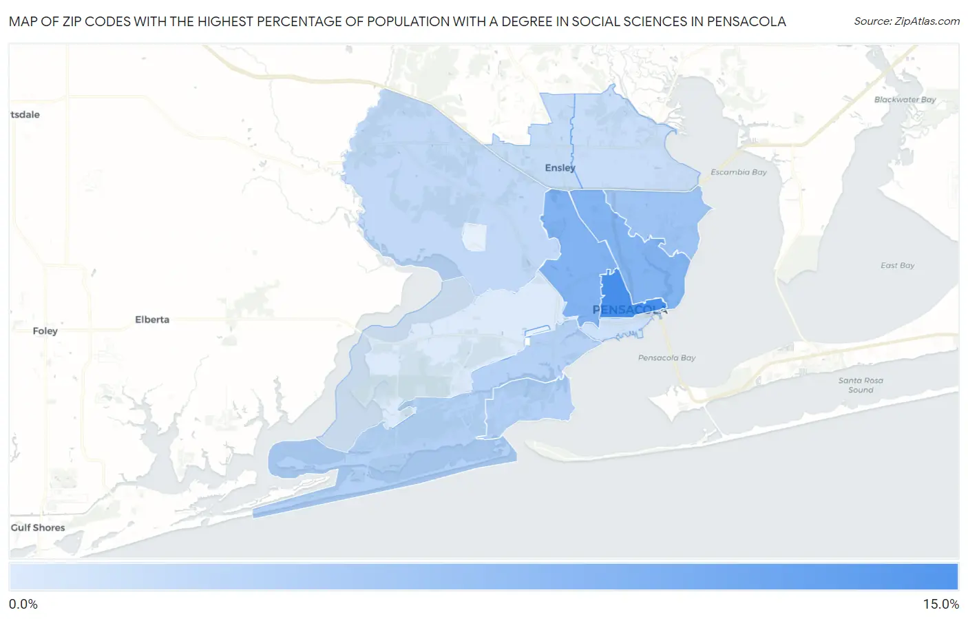 Zip Codes with the Highest Percentage of Population with a Degree in Social Sciences in Pensacola Map