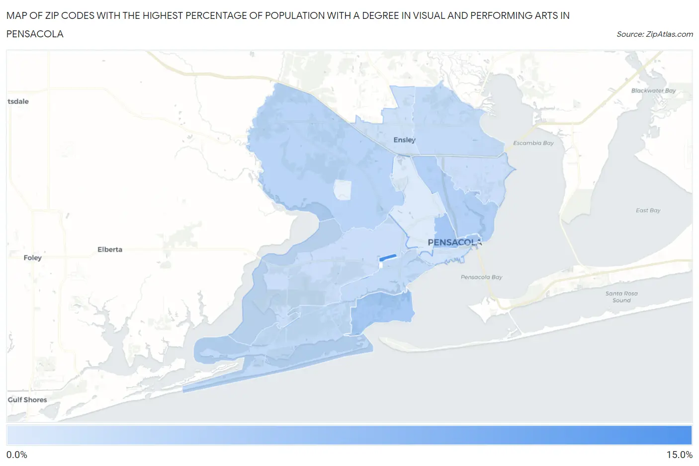Zip Codes with the Highest Percentage of Population with a Degree in Visual and Performing Arts in Pensacola Map