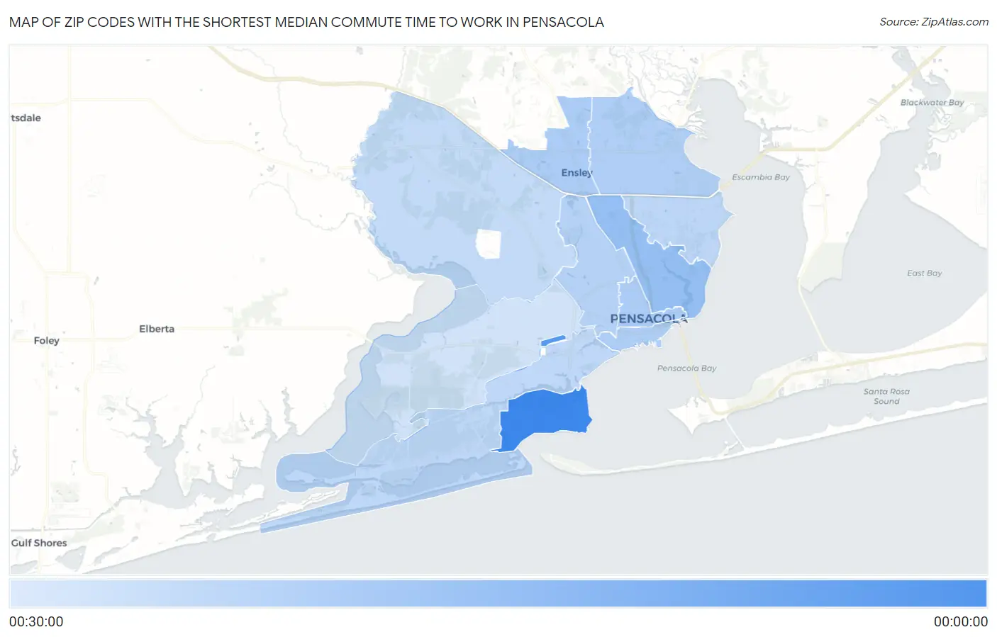 Zip Codes with the Shortest Median Commute Time to Work in Pensacola Map