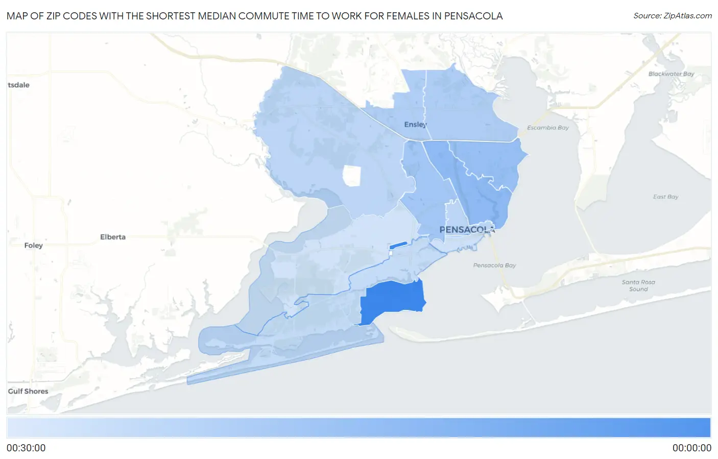 Zip Codes with the Shortest Median Commute Time to Work for Females in Pensacola Map