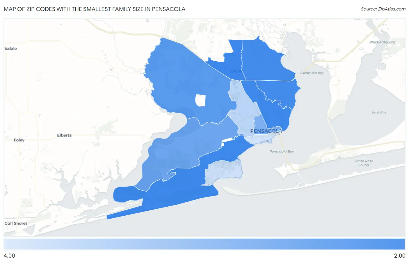 Zip Codes with the Smallest Family Size in Pensacola Map