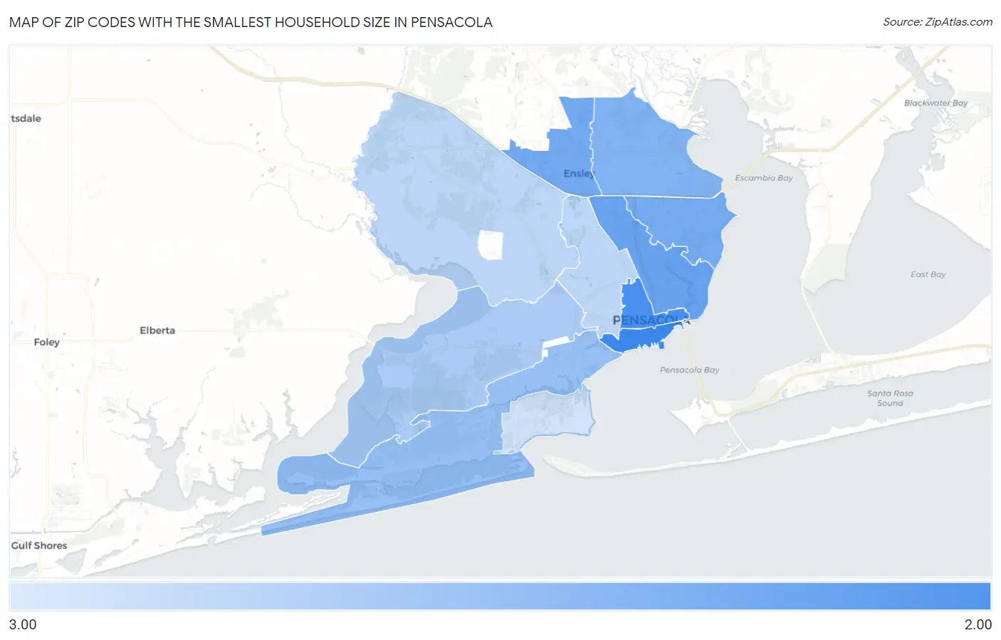 Zip Codes with the Smallest Household Size in Pensacola Map