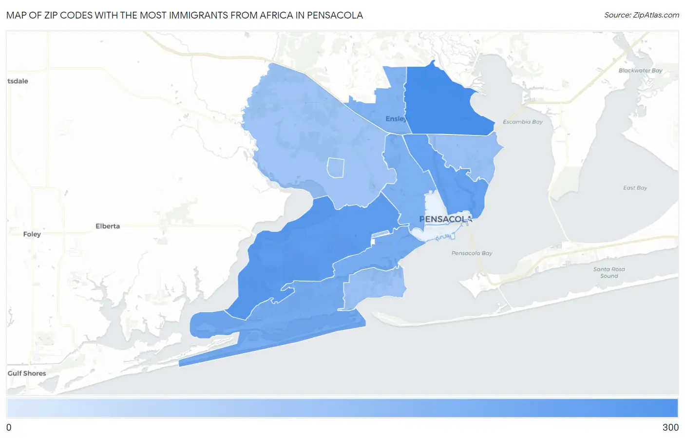 Zip Codes with the Most Immigrants from Africa in Pensacola Map