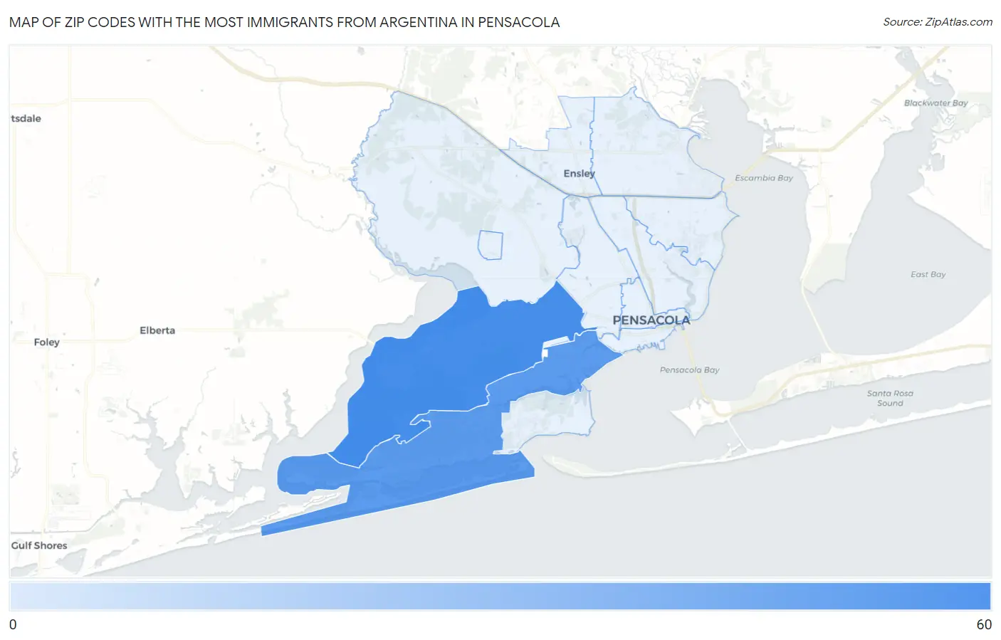Zip Codes with the Most Immigrants from Argentina in Pensacola Map