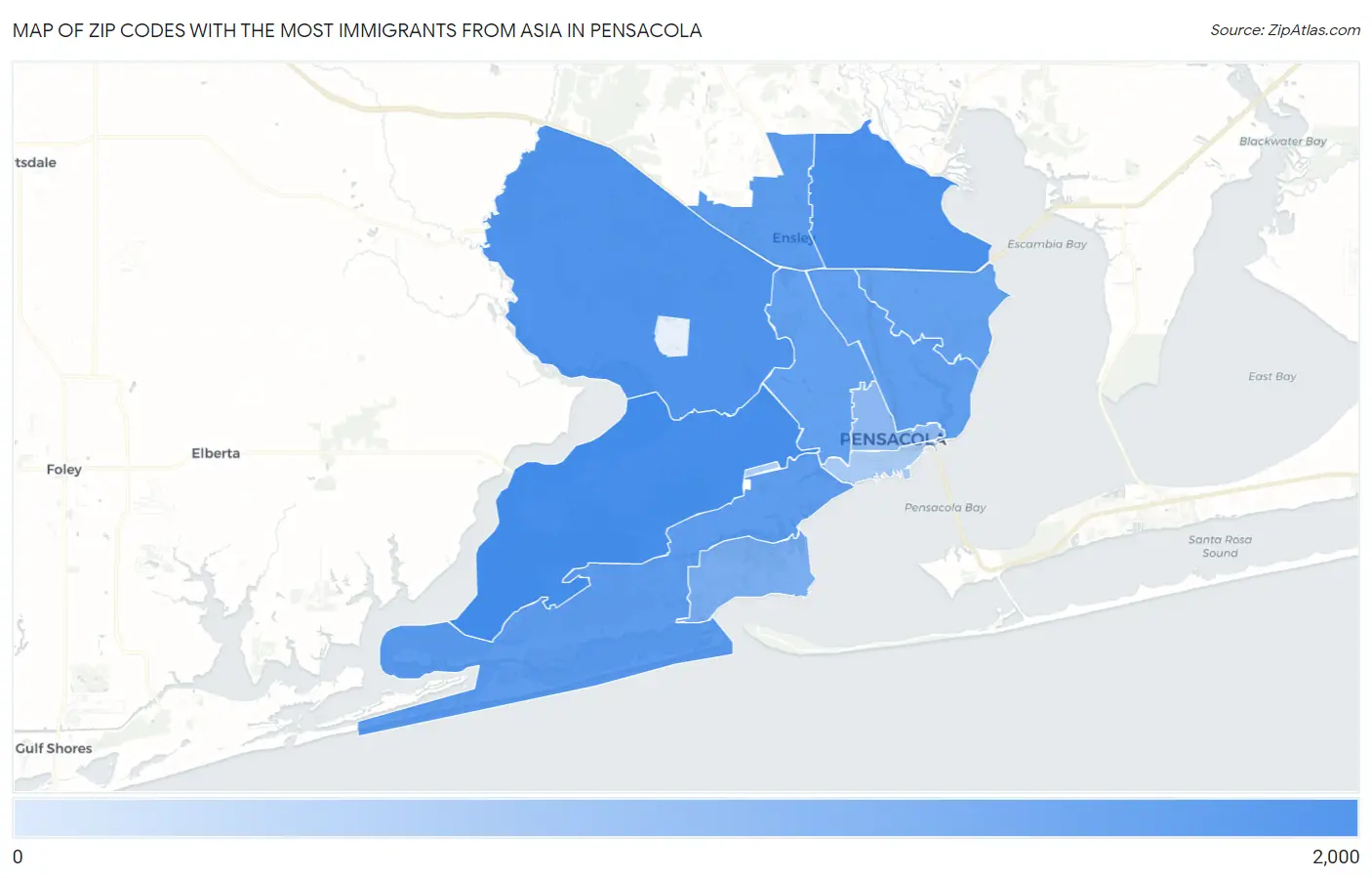 Zip Codes with the Most Immigrants from Asia in Pensacola Map