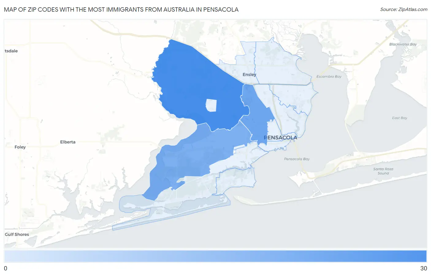 Zip Codes with the Most Immigrants from Australia in Pensacola Map