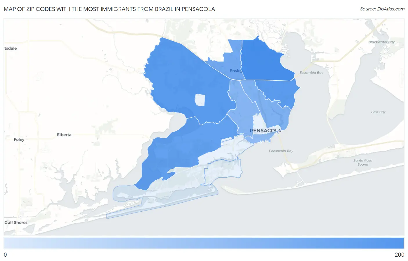Zip Codes with the Most Immigrants from Brazil in Pensacola Map