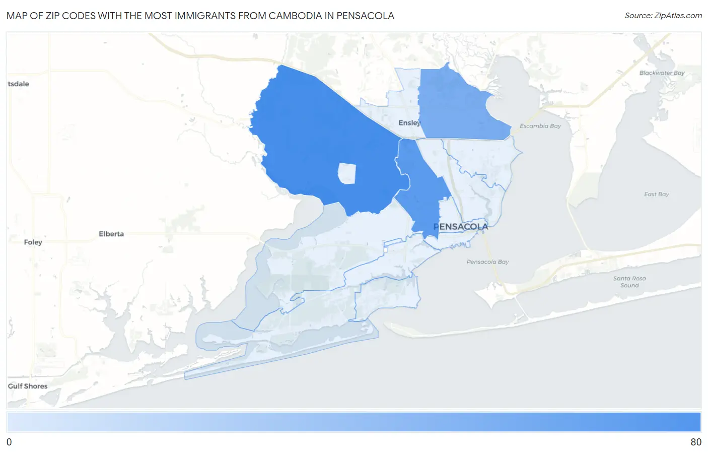 Zip Codes with the Most Immigrants from Cambodia in Pensacola Map