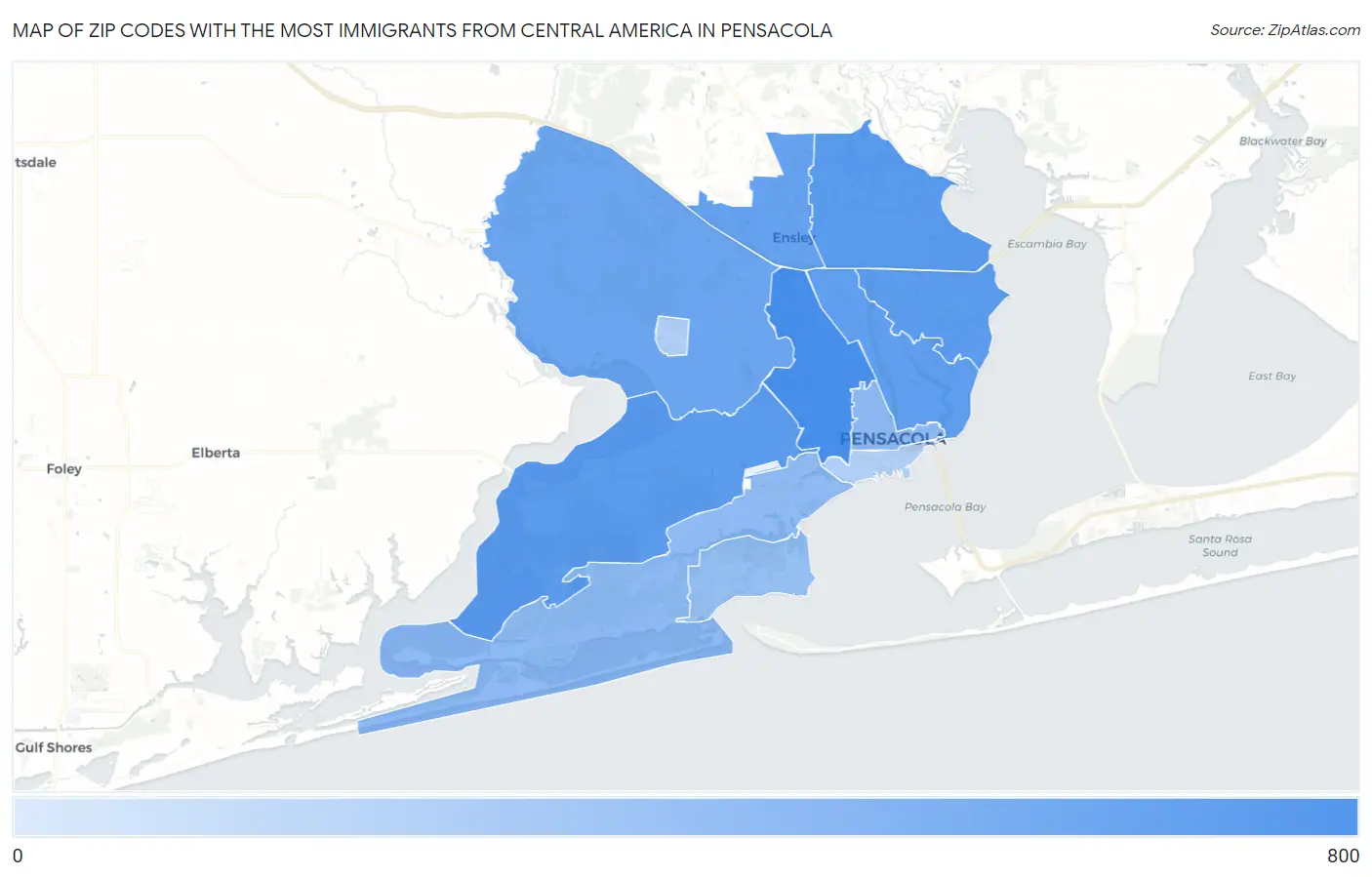 Zip Codes with the Most Immigrants from Central America in Pensacola Map