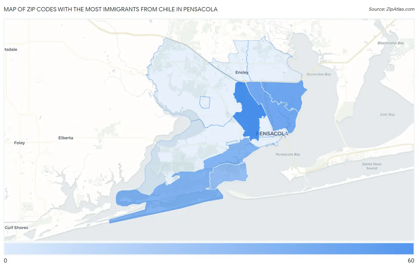 Zip Codes with the Most Immigrants from Chile in Pensacola Map