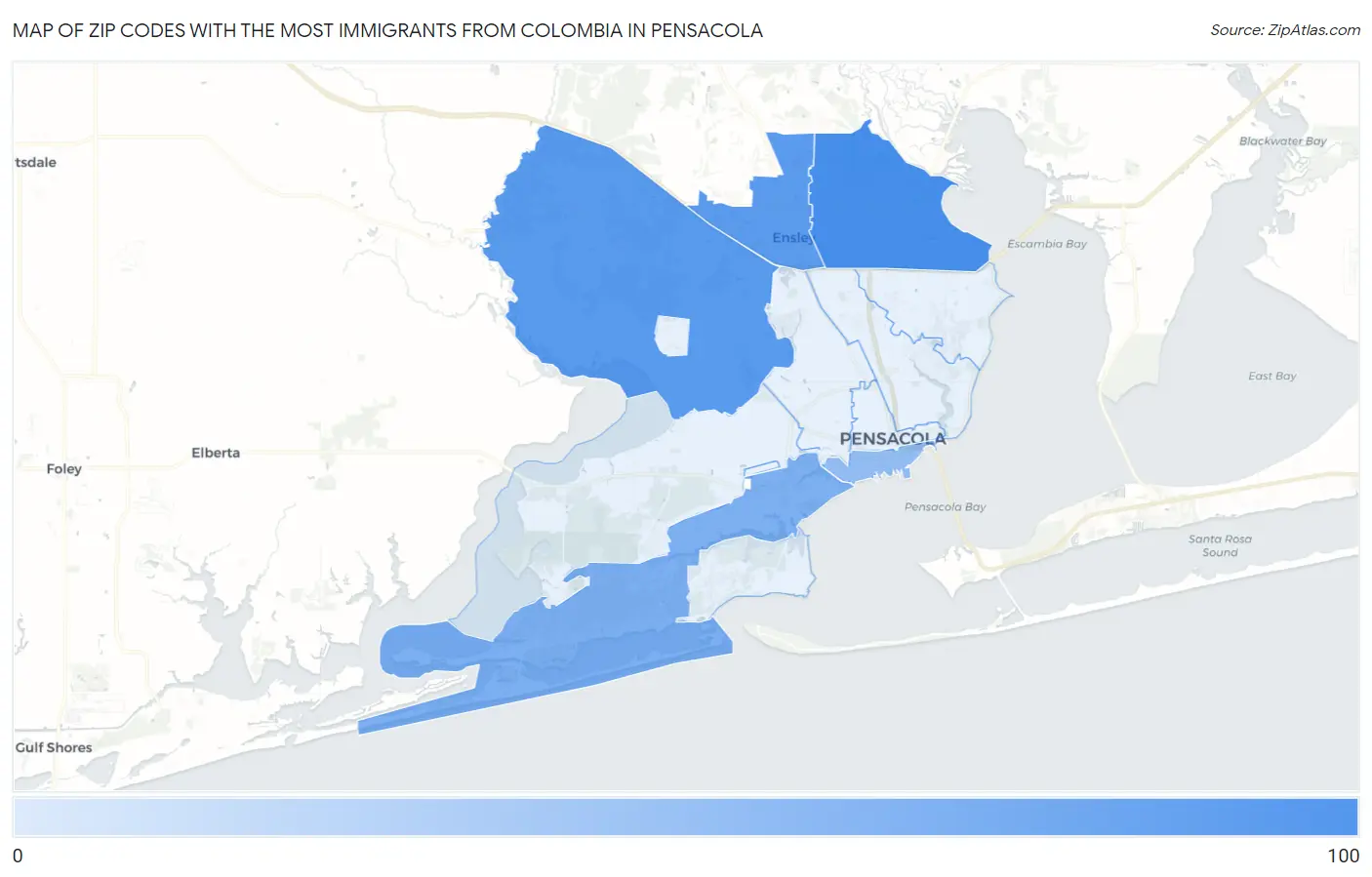 Zip Codes with the Most Immigrants from Colombia in Pensacola Map