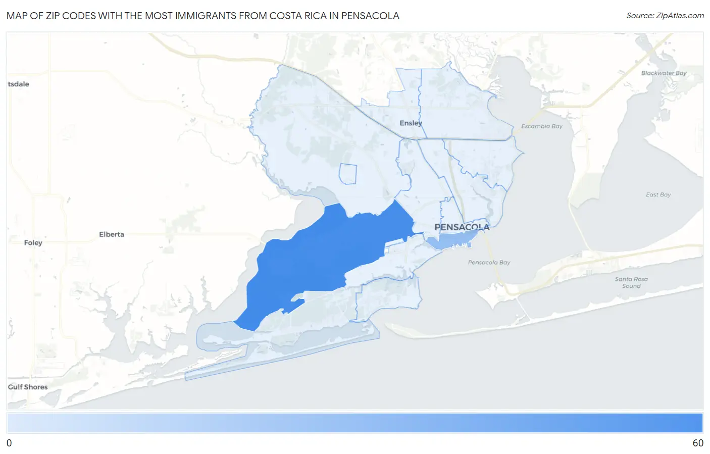 Zip Codes with the Most Immigrants from Costa Rica in Pensacola Map