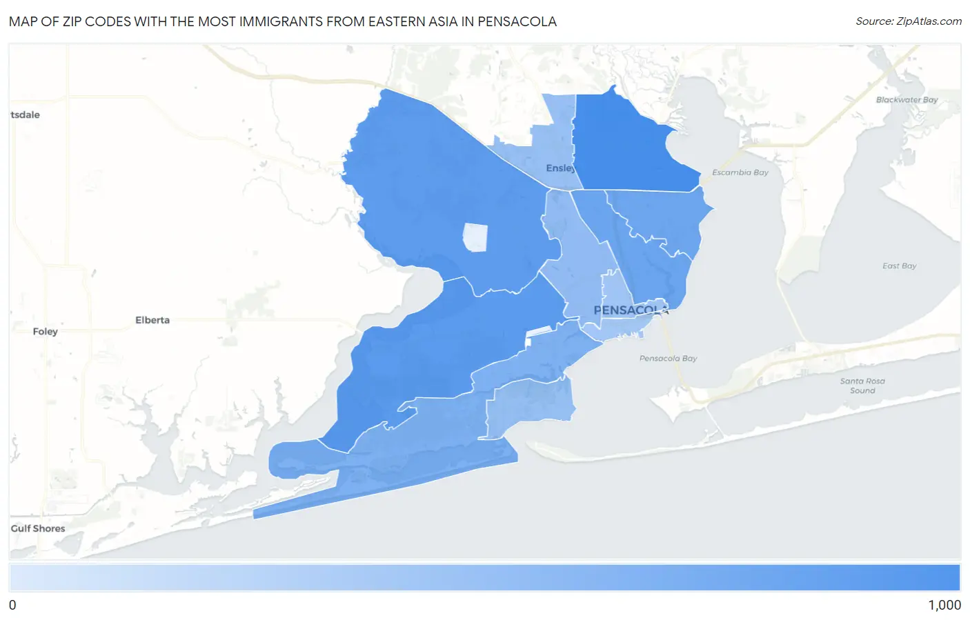 Zip Codes with the Most Immigrants from Eastern Asia in Pensacola Map