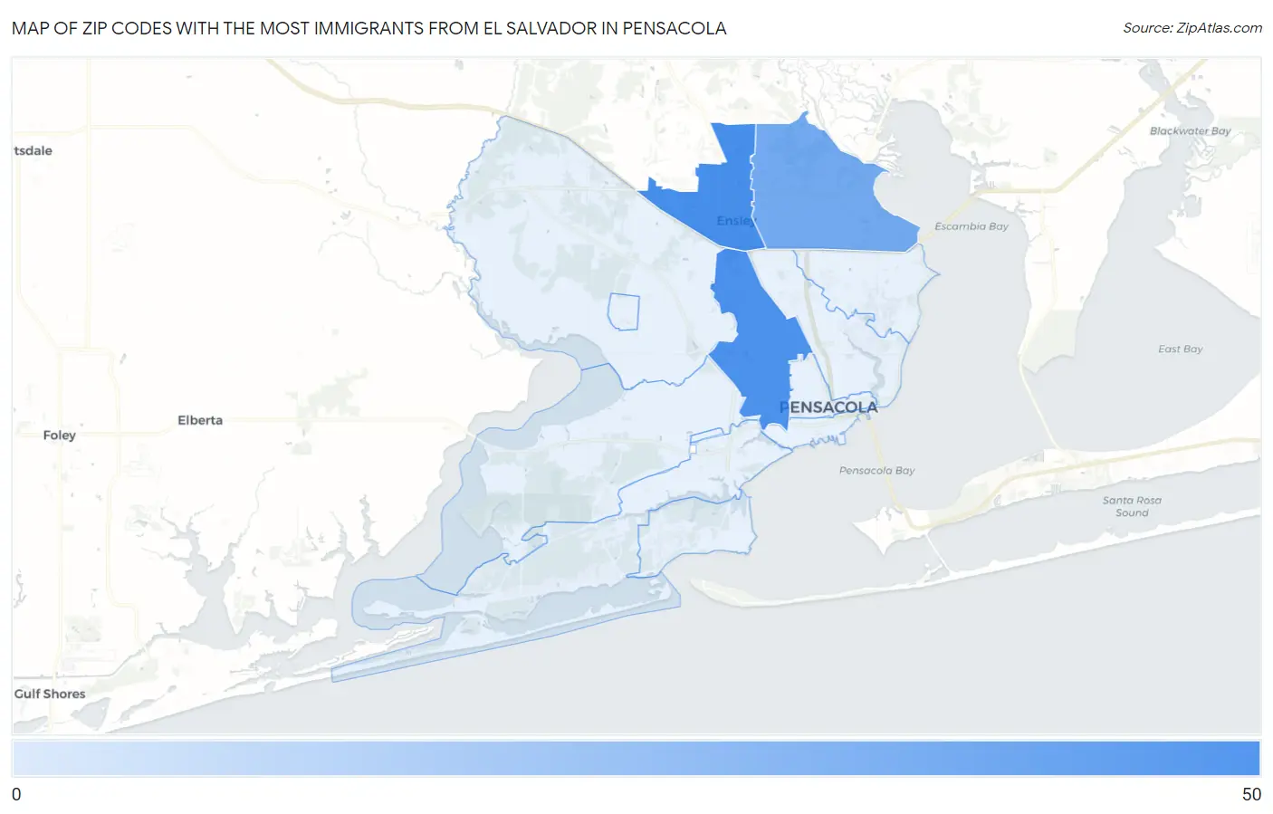 Zip Codes with the Most Immigrants from El Salvador in Pensacola Map