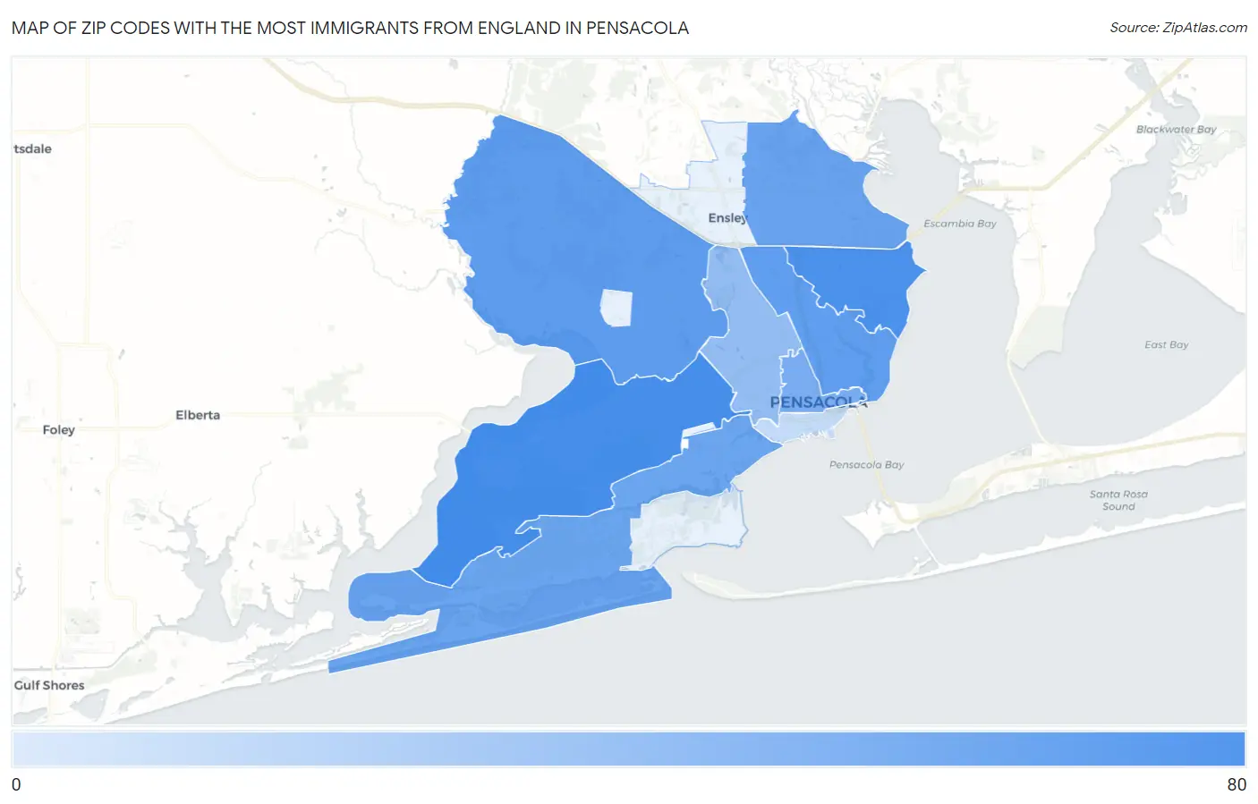 Zip Codes with the Most Immigrants from England in Pensacola Map