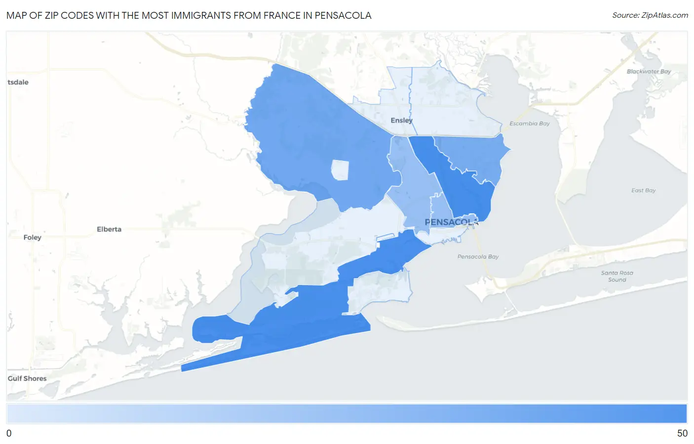 Zip Codes with the Most Immigrants from France in Pensacola Map