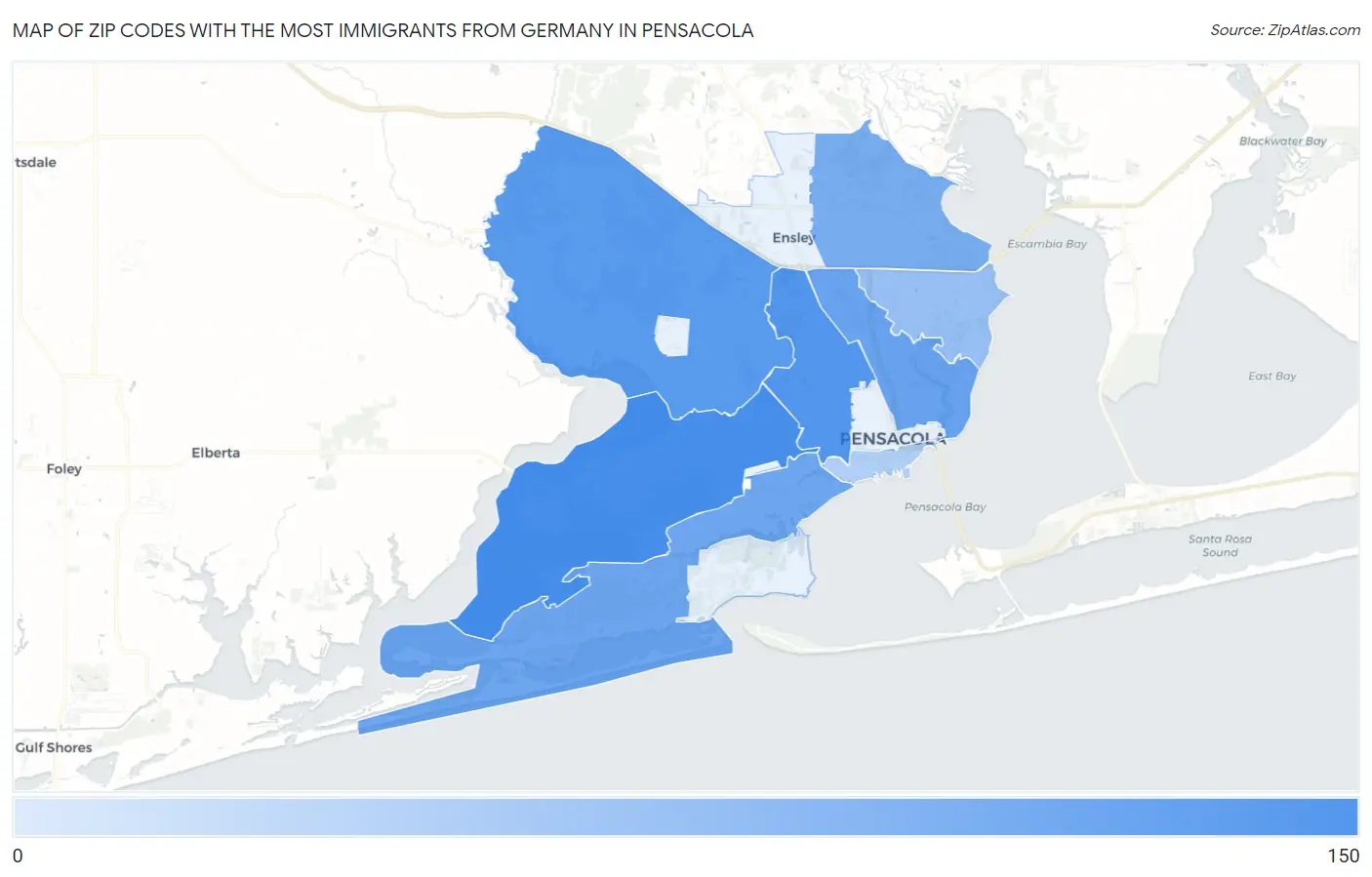 Zip Codes with the Most Immigrants from Germany in Pensacola Map