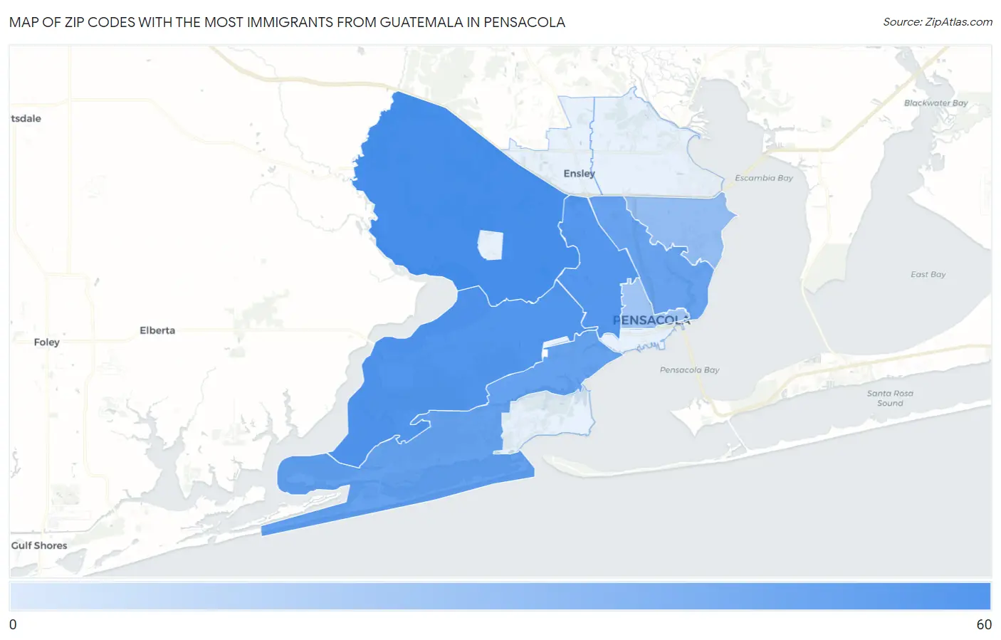 Zip Codes with the Most Immigrants from Guatemala in Pensacola Map
