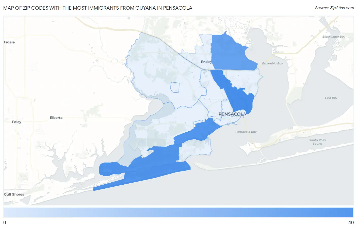 Zip Codes with the Most Immigrants from Guyana in Pensacola Map