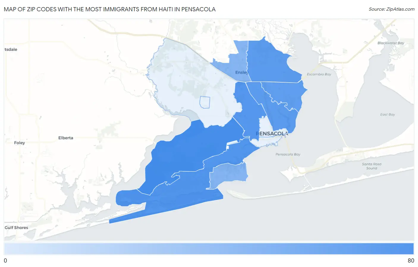 Zip Codes with the Most Immigrants from Haiti in Pensacola Map