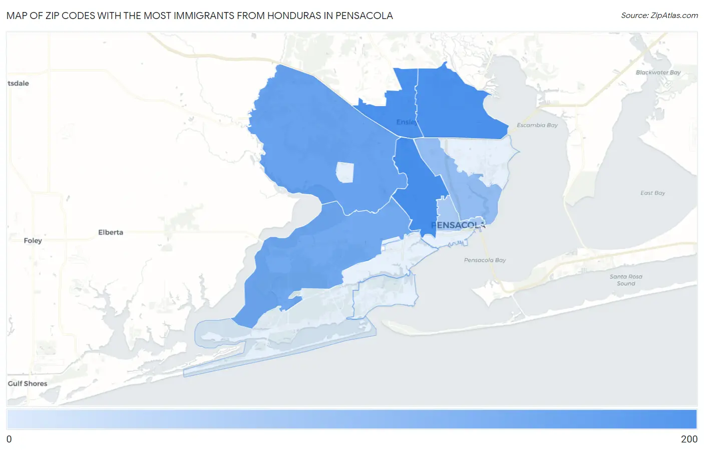 Zip Codes with the Most Immigrants from Honduras in Pensacola Map
