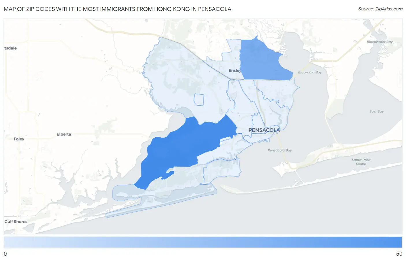Zip Codes with the Most Immigrants from Hong Kong in Pensacola Map