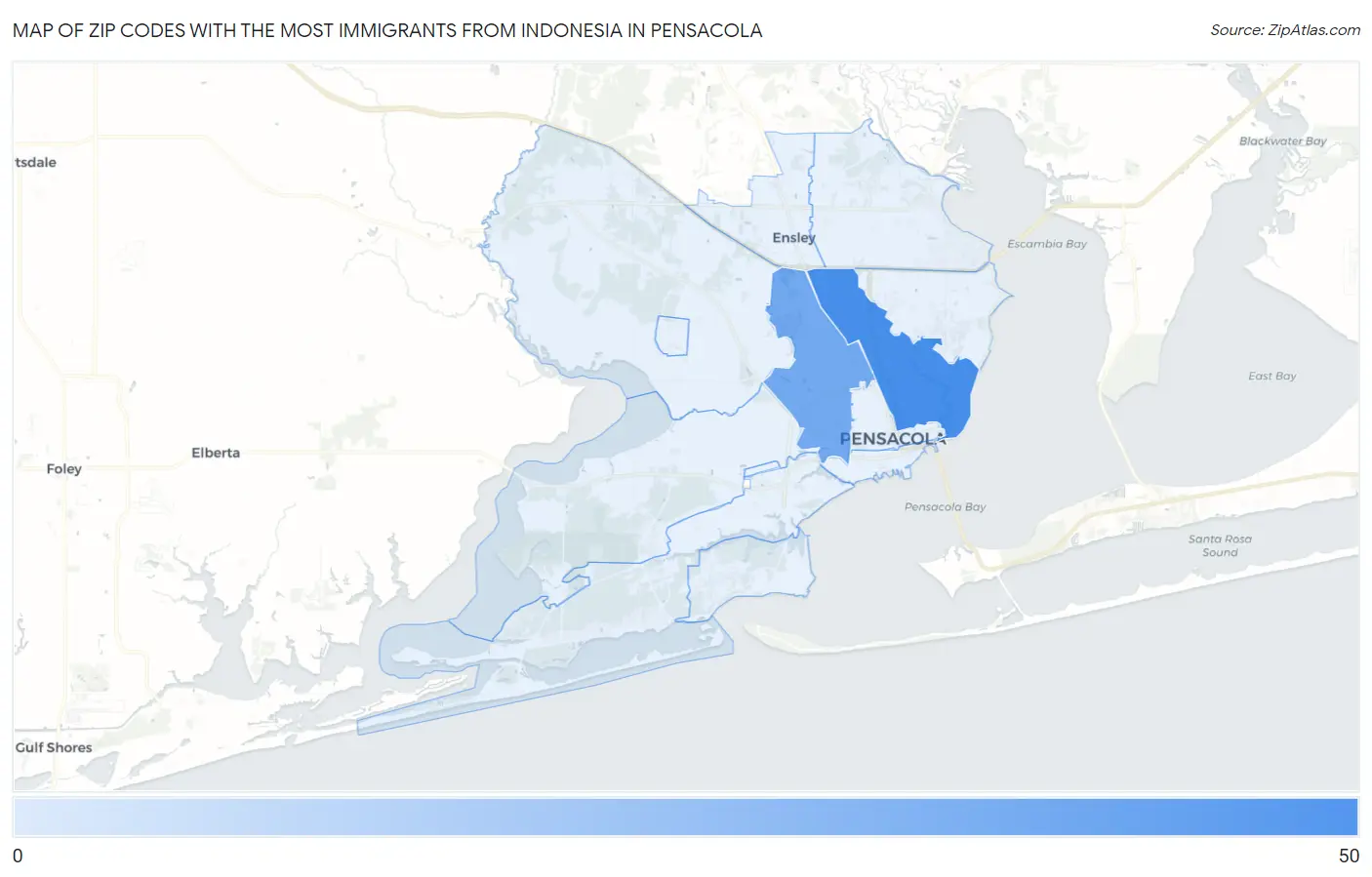 Zip Codes with the Most Immigrants from Indonesia in Pensacola Map