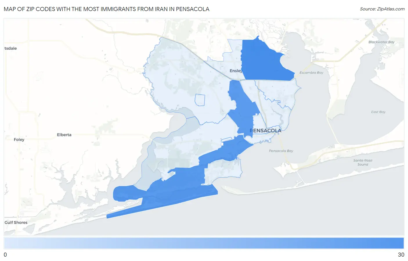 Zip Codes with the Most Immigrants from Iran in Pensacola Map