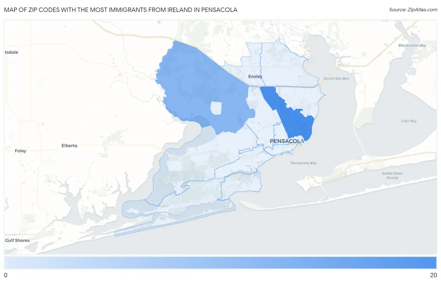 Zip Codes with the Most Immigrants from Ireland in Pensacola Map
