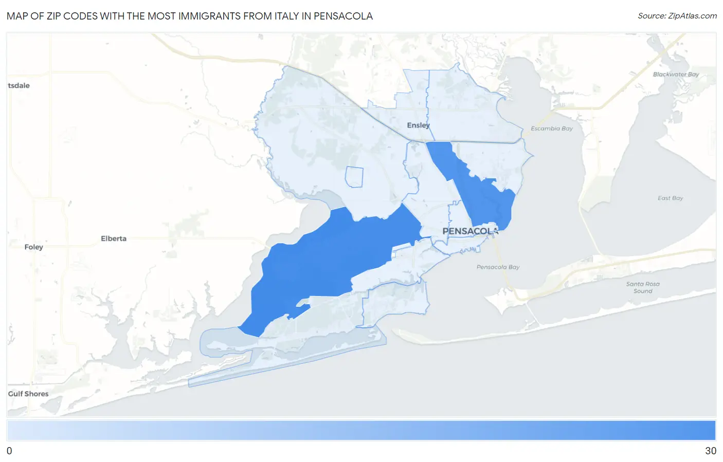 Zip Codes with the Most Immigrants from Italy in Pensacola Map