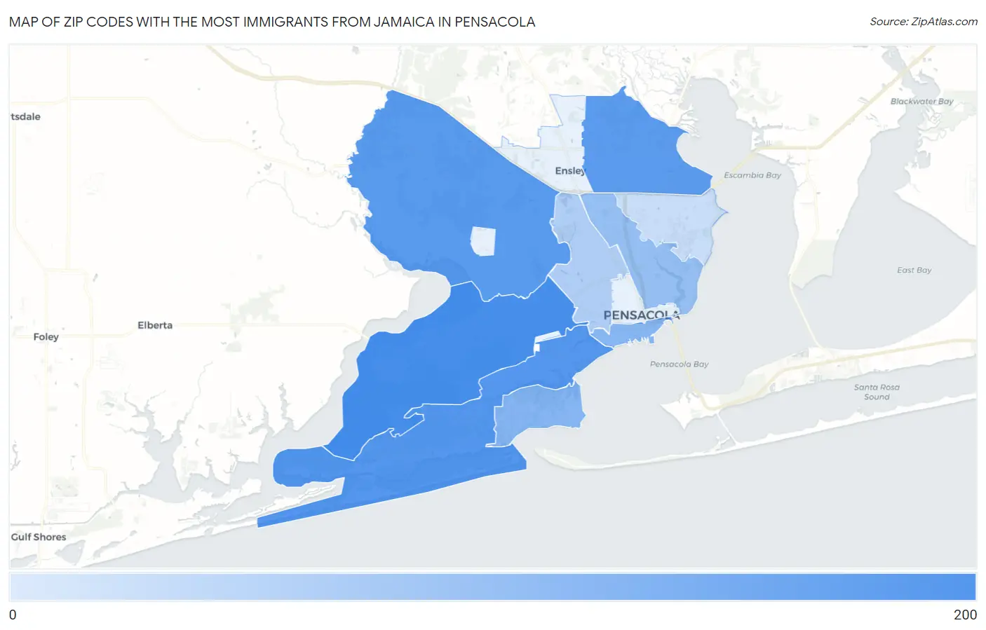 Zip Codes with the Most Immigrants from Jamaica in Pensacola Map