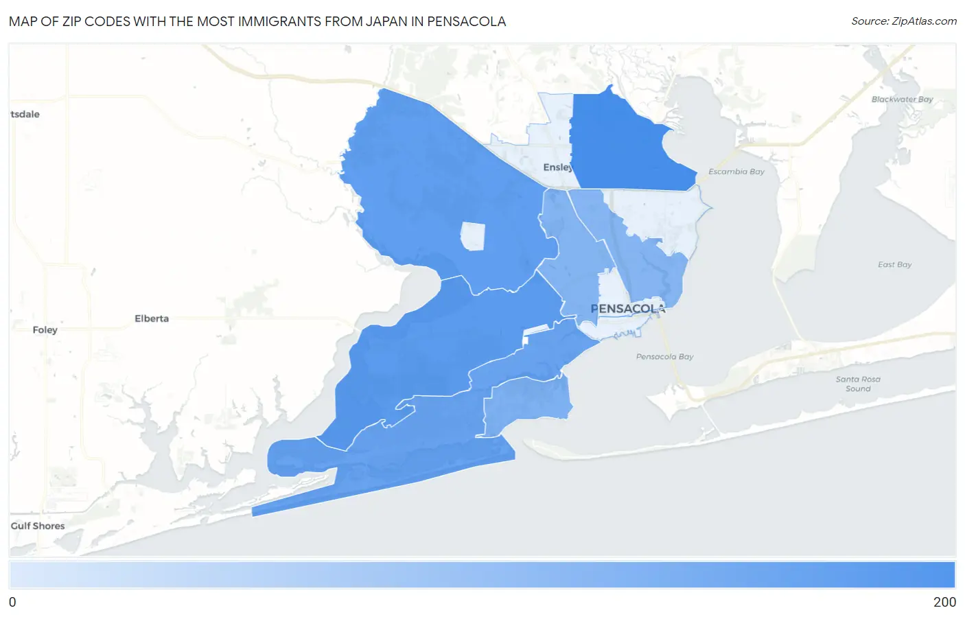 Zip Codes with the Most Immigrants from Japan in Pensacola Map
