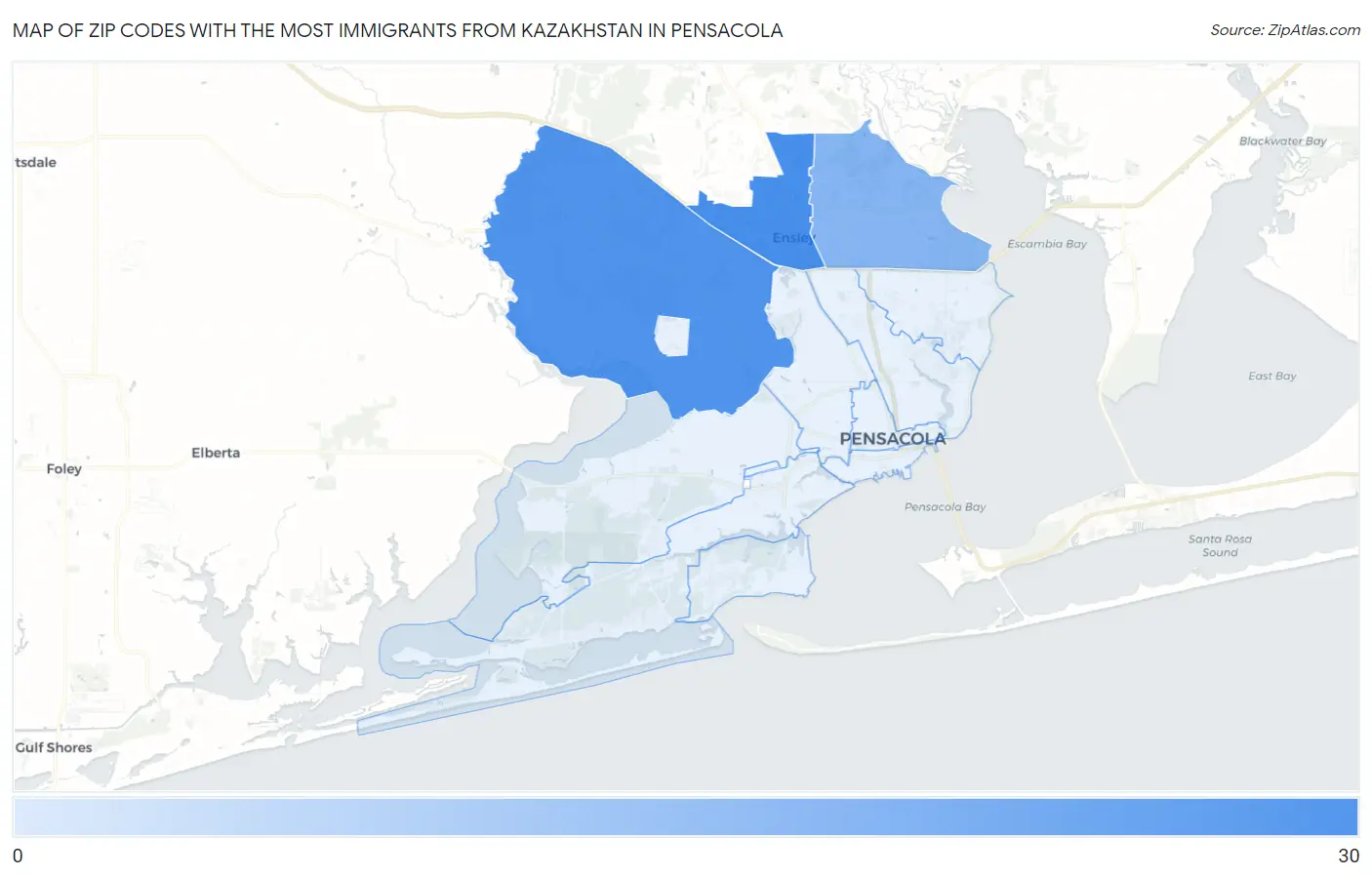 Zip Codes with the Most Immigrants from Kazakhstan in Pensacola Map