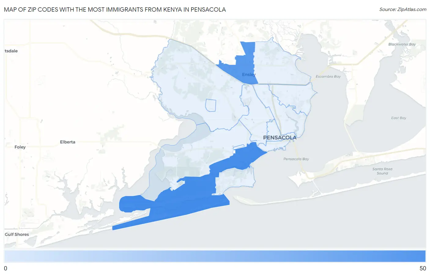Zip Codes with the Most Immigrants from Kenya in Pensacola Map