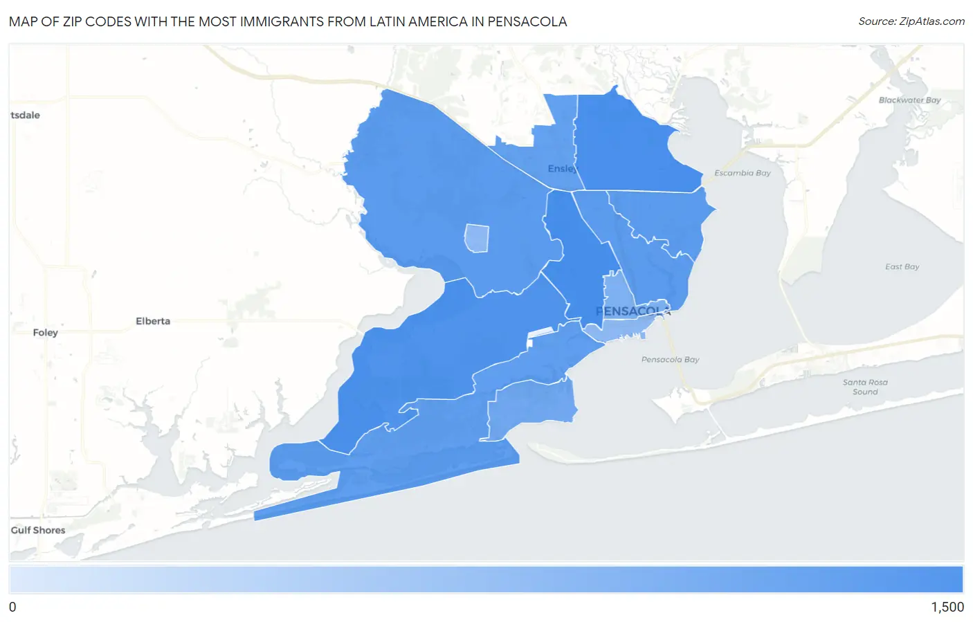 Zip Codes with the Most Immigrants from Latin America in Pensacola Map
