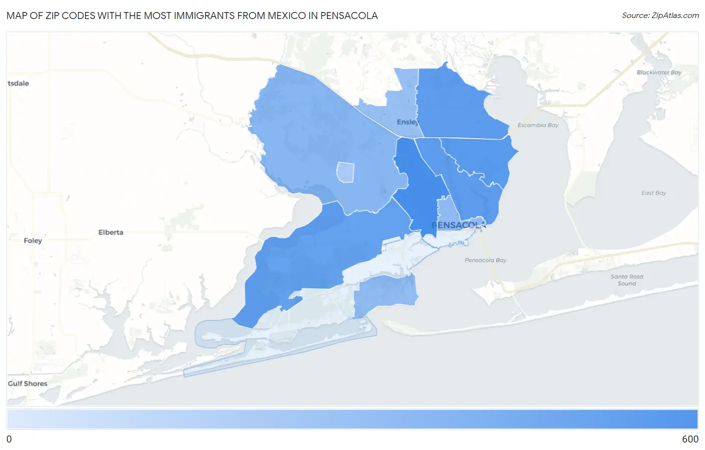 Zip Codes with the Most Immigrants from Mexico in Pensacola Map