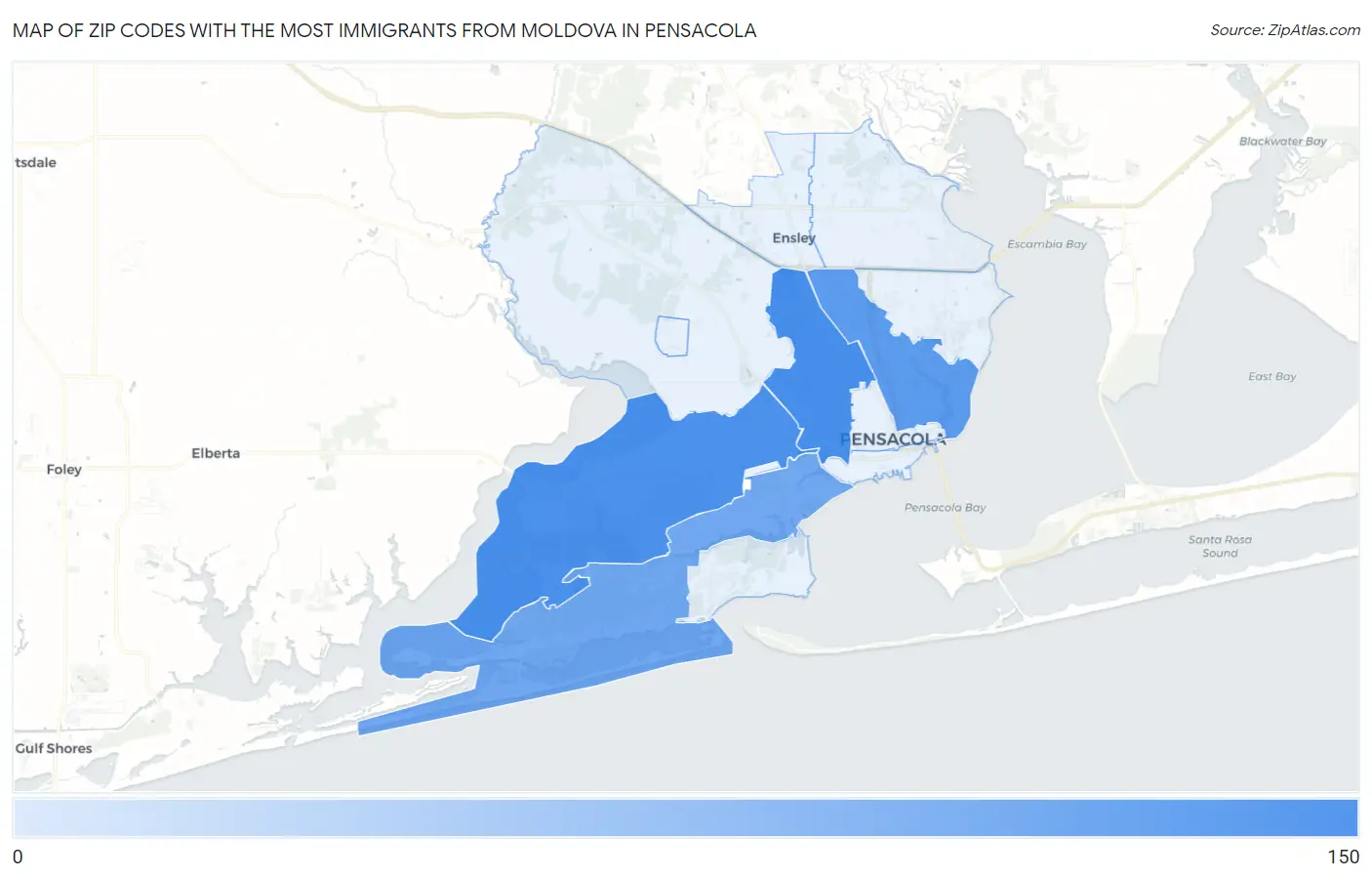Zip Codes with the Most Immigrants from Moldova in Pensacola Map