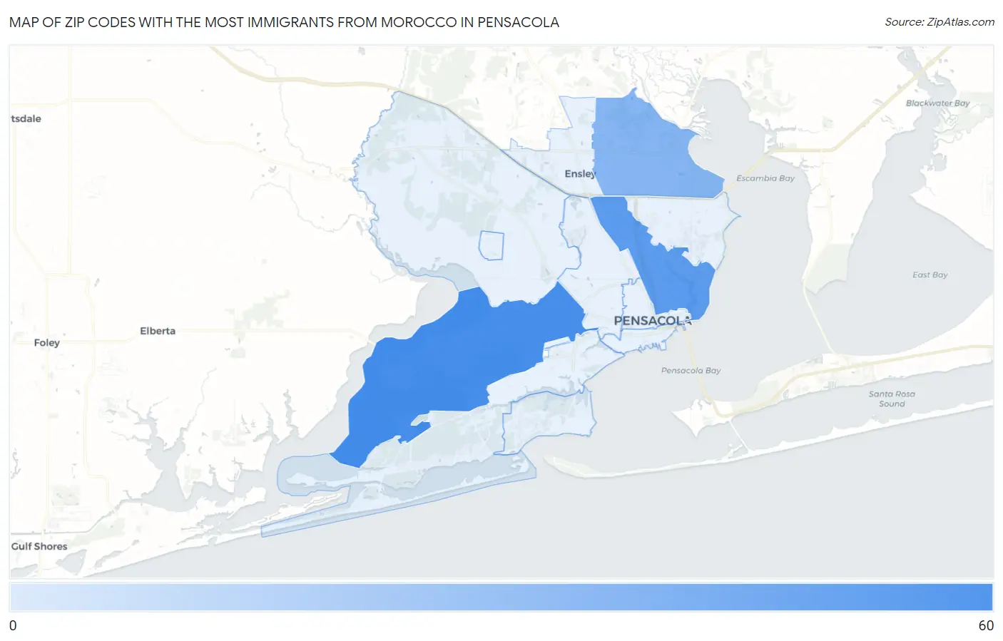 Zip Codes with the Most Immigrants from Morocco in Pensacola Map