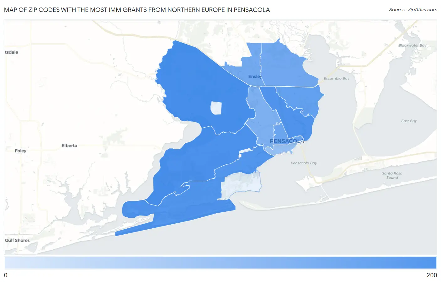 Zip Codes with the Most Immigrants from Northern Europe in Pensacola Map
