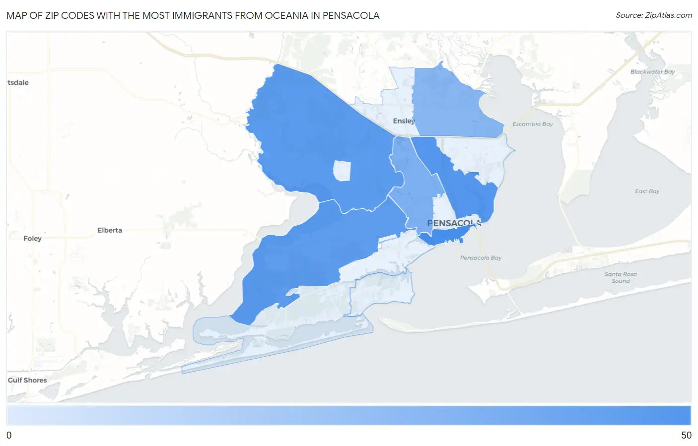 Zip Codes with the Most Immigrants from Oceania in Pensacola Map