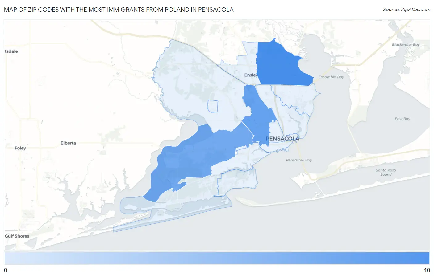 Zip Codes with the Most Immigrants from Poland in Pensacola Map