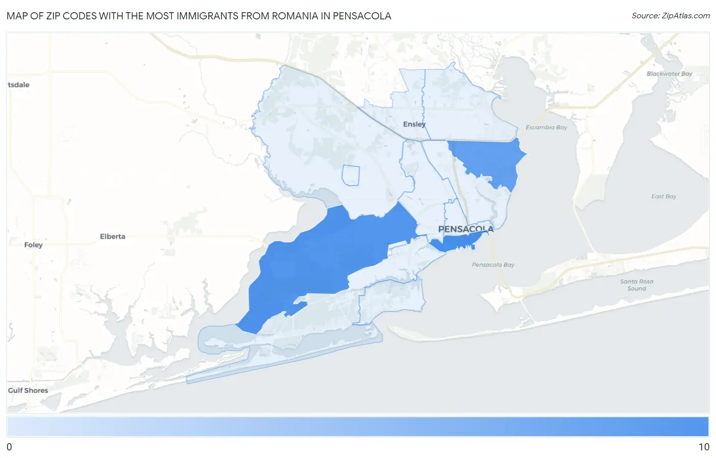 Zip Codes with the Most Immigrants from Romania in Pensacola Map