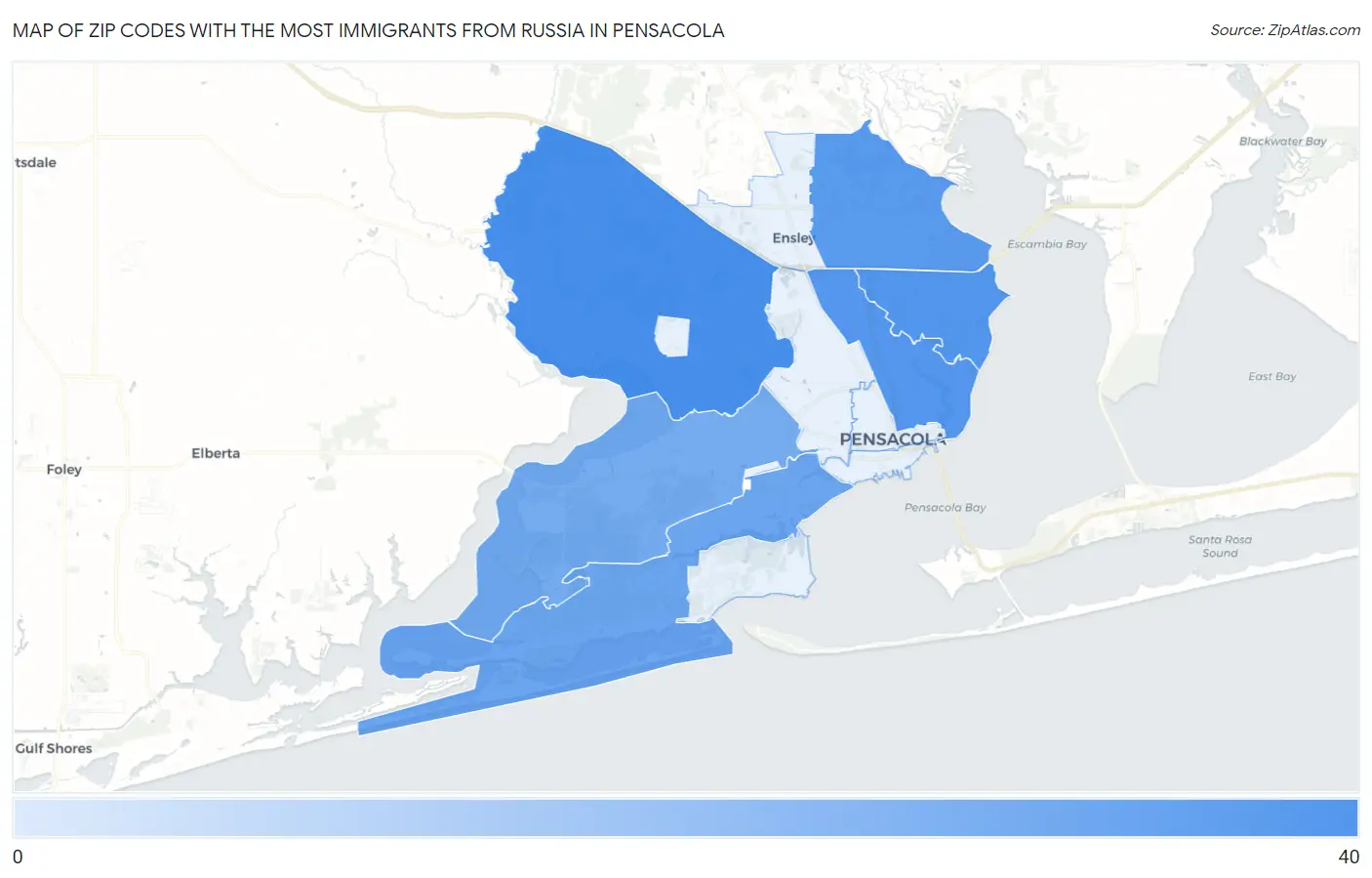 Zip Codes with the Most Immigrants from Russia in Pensacola Map