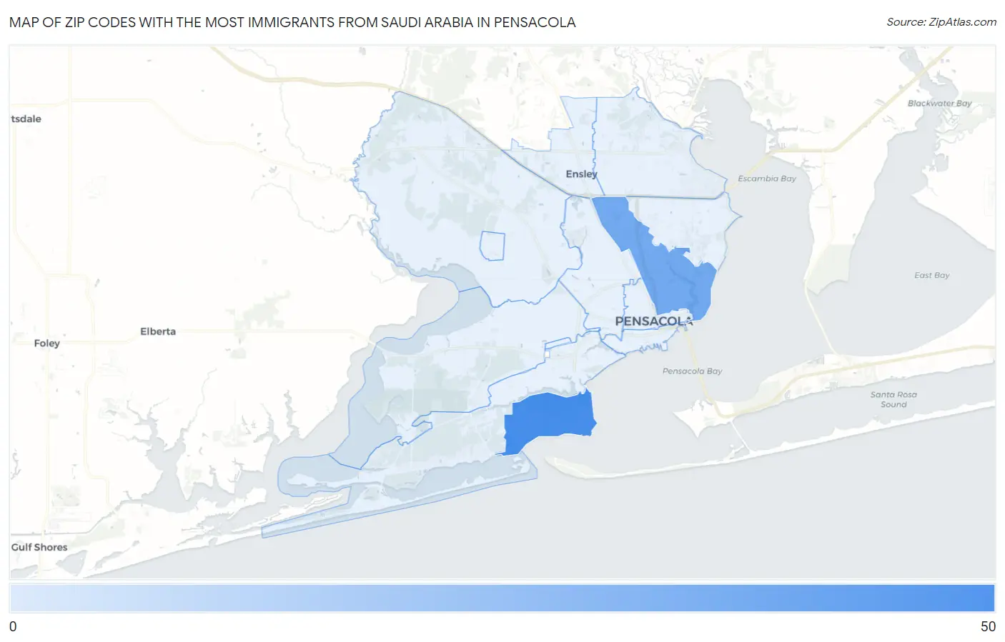 Zip Codes with the Most Immigrants from Saudi Arabia in Pensacola Map